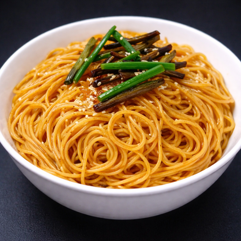 Scallion Oil Noodles with glossy noodles and fragrant spring onions
