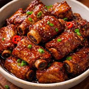 Braised pork ribs coated in a glossy savoury sauce